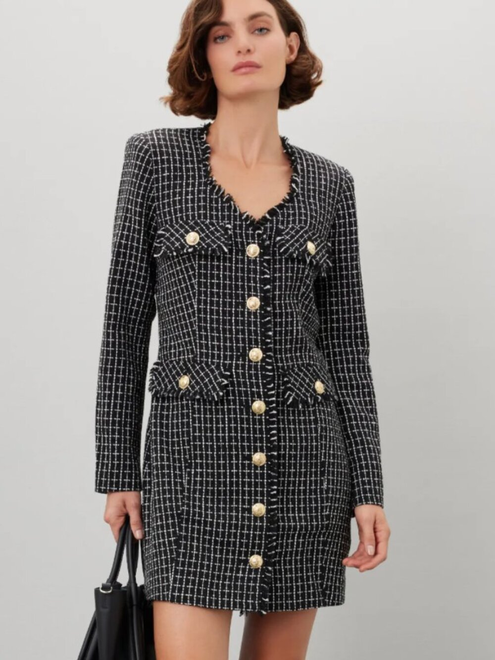 Derek Lam Black and White Checked Tweed Jacket Dress with Gold Buttons